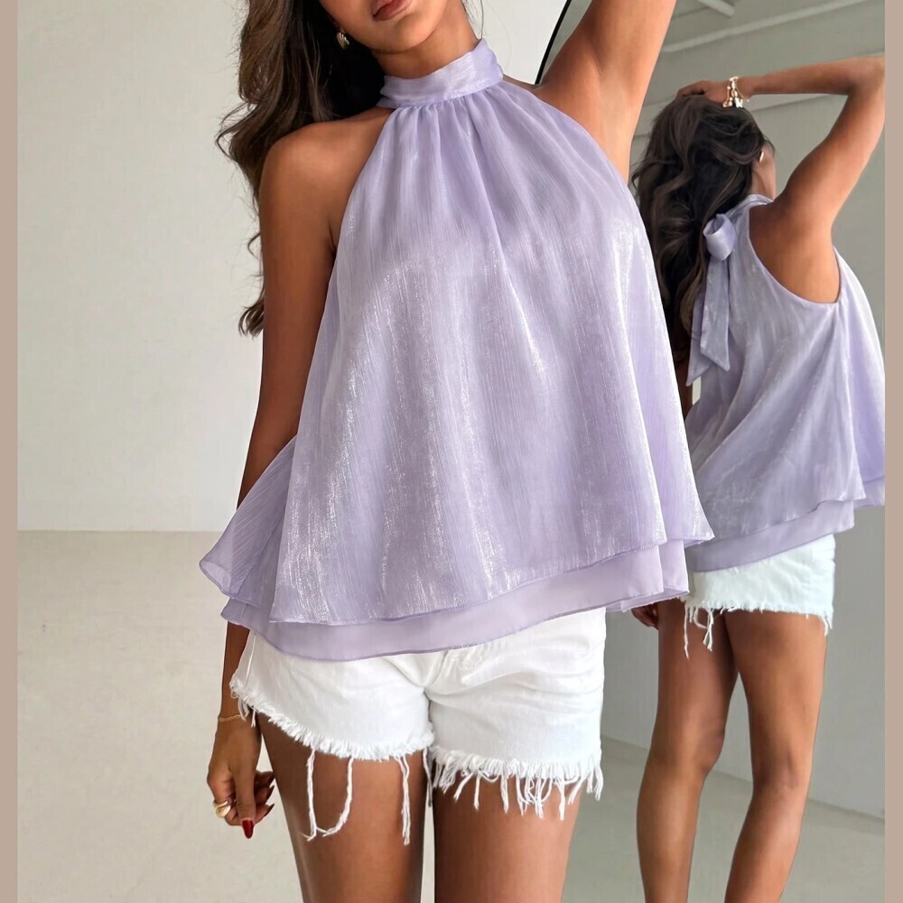 Lilac Shimmer Halter Neck Tiered Swing Tank Top